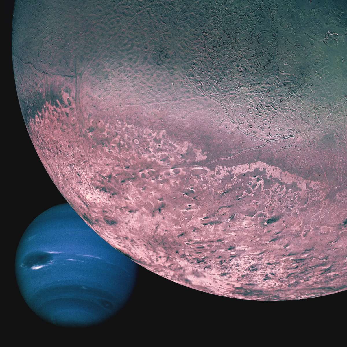 Triton with Neptune in the background